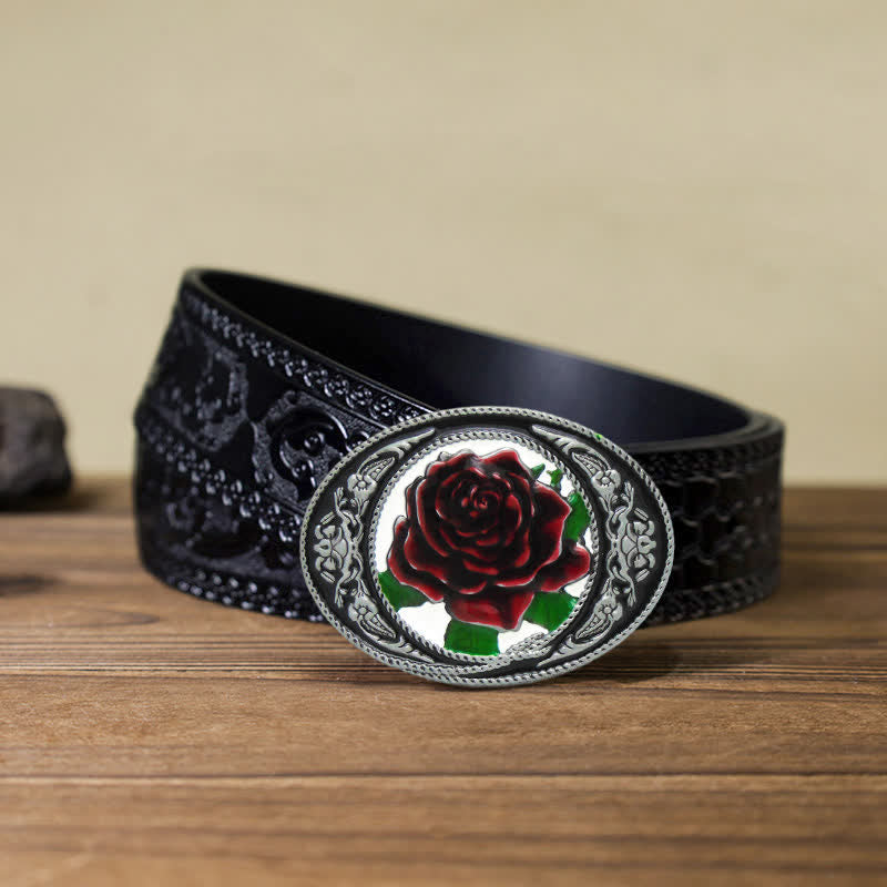 Cintura in pelle con fibbia a forma di rosa colorata fai da te da uomo in stile western - Rosa - Cintura nera intagliata (40) - image 8
