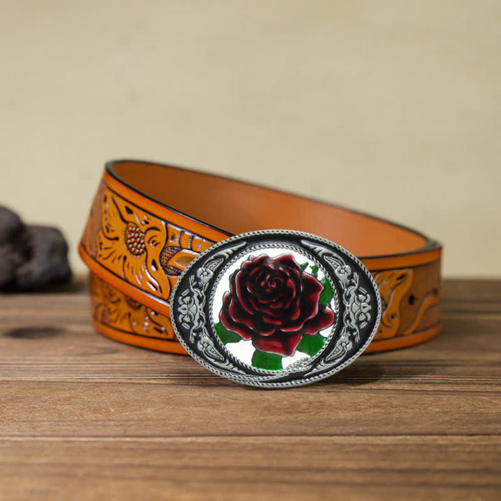 Cintura in pelle con fibbia a forma di rosa colorata fai da te da uomo in stile western - Rosa - Cintura intagliata arancione (40) - image 11
