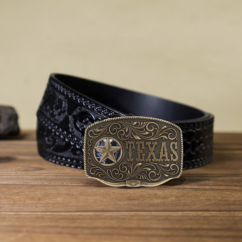 Cintura in pelle fai da te con fibbia a pentagramma Texas Hollow da uomo - Bronzo antico - Cintura nera intagliata (40) - image 7