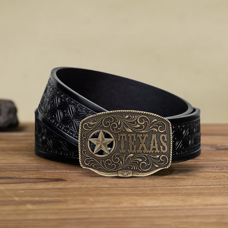 Cintura in pelle fai da te con fibbia a pentagramma Texas Hollow da uomo - Bronzo antico - Cintura in tessuto goffrato nero (40) - image 6