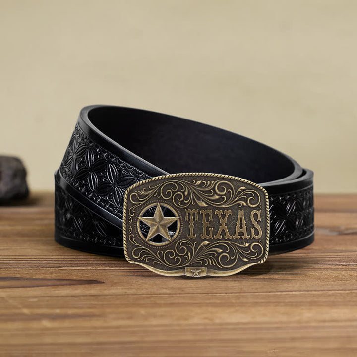Cintura in pelle fai da te con fibbia a pentagramma Texas Hollow da uomo - Bronzo antico - Cintura in tessuto goffrato nero (40) - image 6