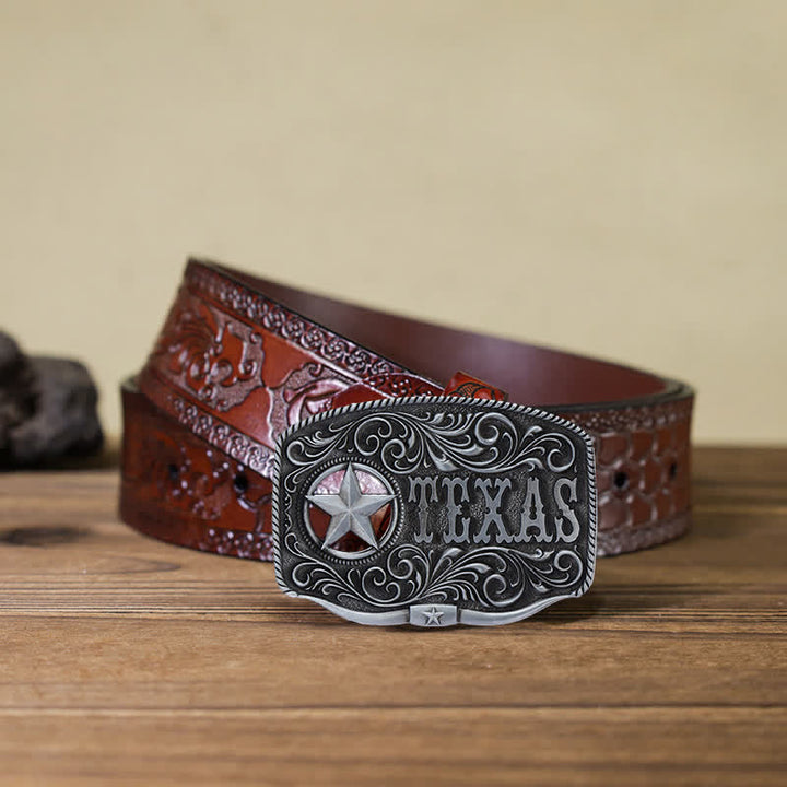 Cintura in pelle fai da te con fibbia a pentagramma Texas Hollow da uomo - Argento antico - Cintura marrone intagliata (40) - image 17