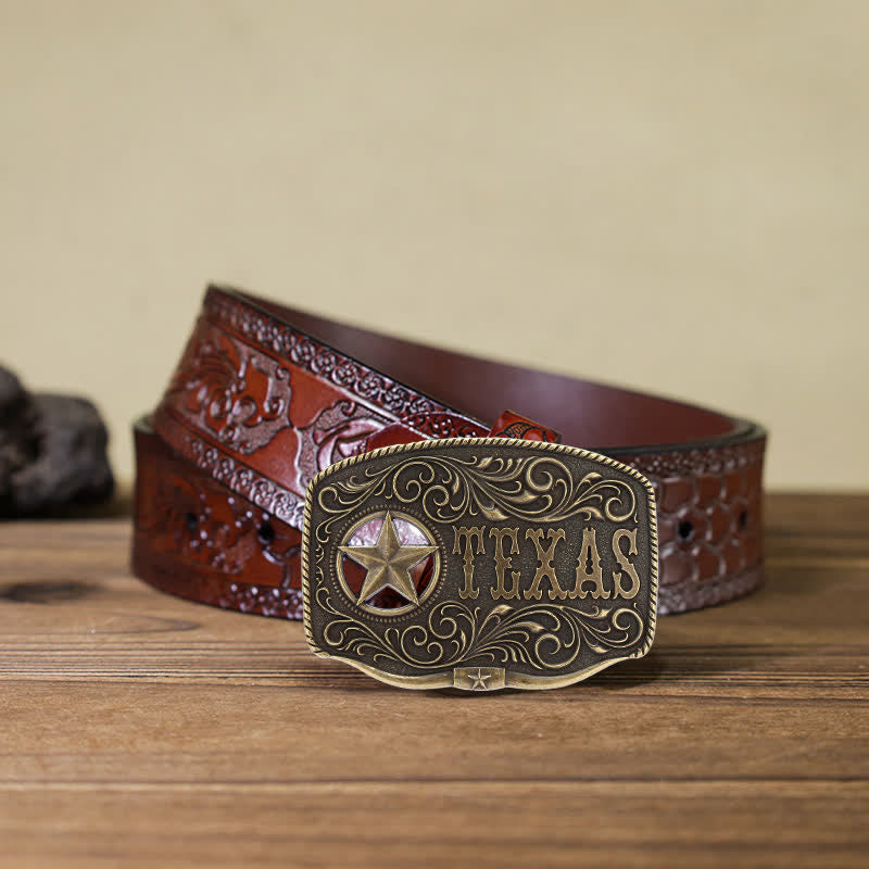 Cintura in pelle fai da te con fibbia a pentagramma Texas Hollow da uomo - Bronzo antico - Cintura marrone intagliata (40) - image 8
