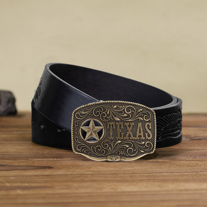 Cintura in pelle fai da te con fibbia a pentagramma Texas Hollow da uomo - Bronzo antico - Cintura aquila in rilievo nera (40) - image 5