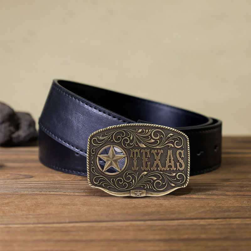 Cintura in pelle fai da te con fibbia a pentagramma Texas Hollow da uomo - Bronzo antico - Cintura PU nera (40) - image 4