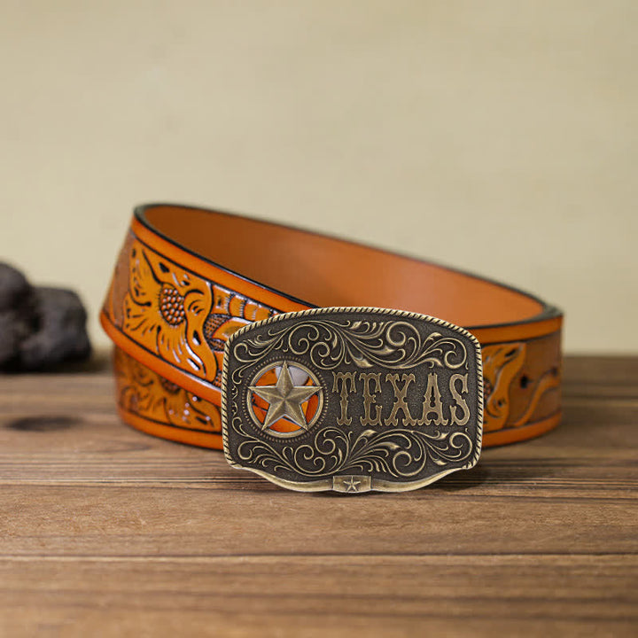 Cintura in pelle fai da te con fibbia a pentagramma Texas Hollow da uomo - Bronzo antico - Cintura intagliata arancione (40) - image 10