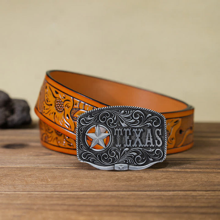 Cintura in pelle fai da te con fibbia a pentagramma Texas Hollow da uomo - Argento antico - Cintura intagliata arancione (40) - image 19