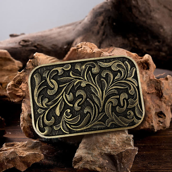 Cintura in pelle con fibbia a volute con foglie artistiche fai da te da uomo - Bronzo antico - Senza cintura - image 0