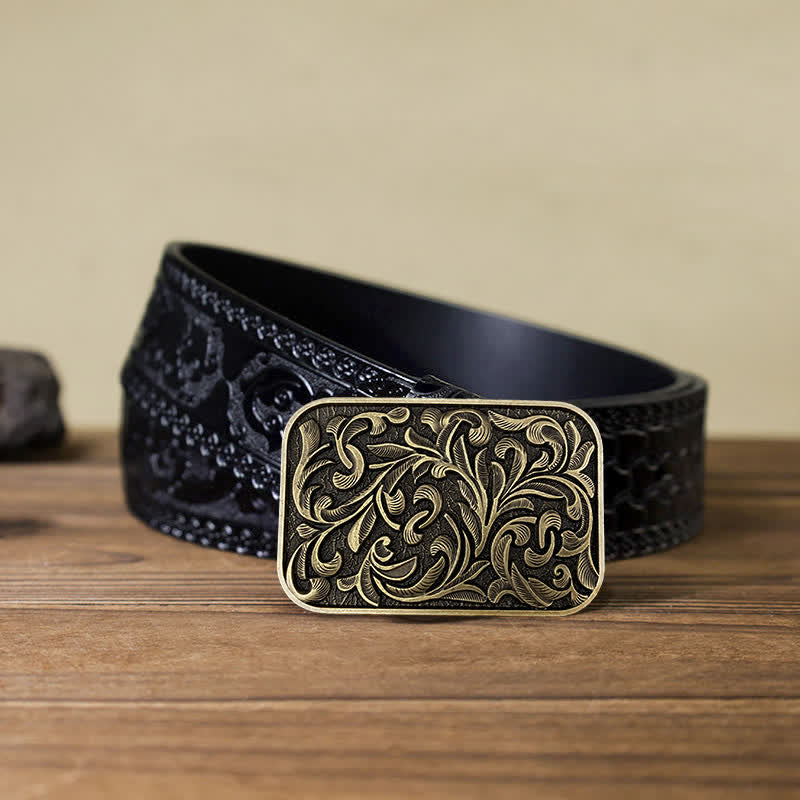 Cintura in pelle con fibbia a volute con foglie artistiche fai da te da uomo - Bronzo antico - Cintura nera intagliata (40) - image 5