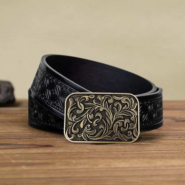 Cintura in pelle con fibbia a volute con foglie artistiche fai da te da uomo - Bronzo antico - Cintura in tessuto goffrato nero (40) - image 4