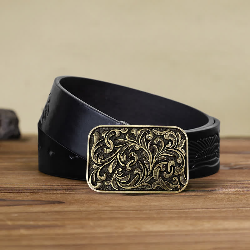 Cintura in pelle con fibbia a volute con foglie artistiche fai da te da uomo - Bronzo antico - Cintura aquila in rilievo nera (40) - image 3