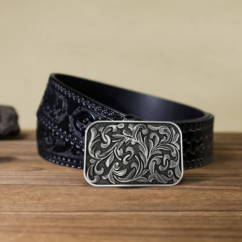 Cintura in pelle con fibbia a volute con foglie artistiche fai da te da uomo - Argento antico - Cintura nera intagliata (40) - image 16