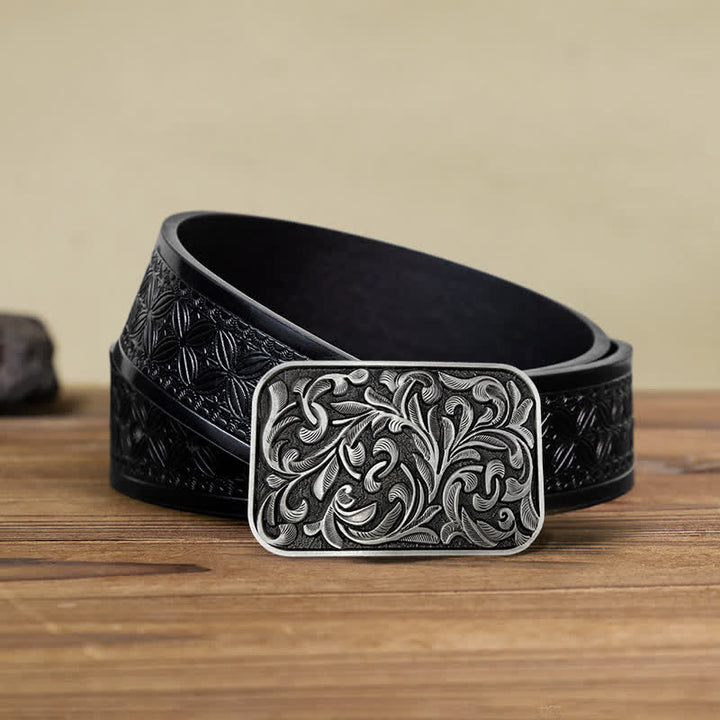 Cintura in pelle con fibbia a volute con foglie artistiche fai da te da uomo - Argento antico - Cintura in tessuto goffrato nero (40) - image 15