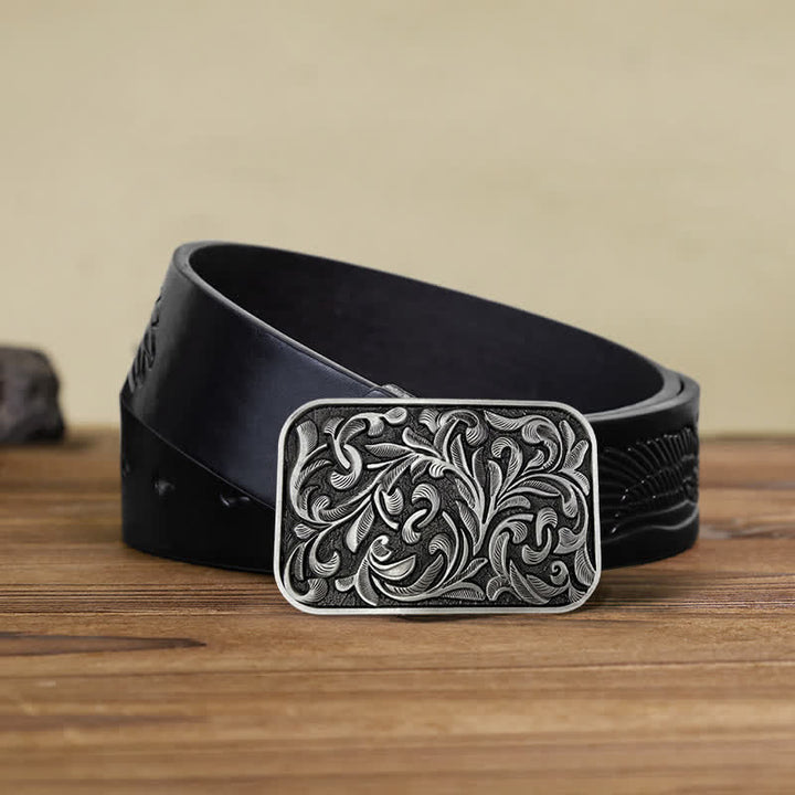 Cintura in pelle con fibbia a volute con foglie artistiche fai da te da uomo - Argento antico - Cintura aquila in rilievo nera (40) - image 14