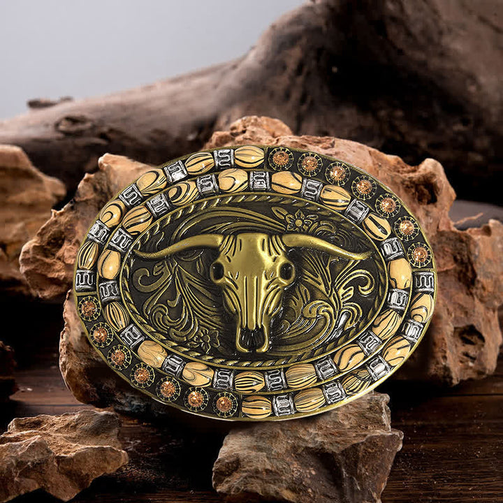 Cintura in pelle con fibbia decorativa con perline a testa di toro in oro fai da te da uomo - Toro dalle lunghe corna - Senza cintura - image 0