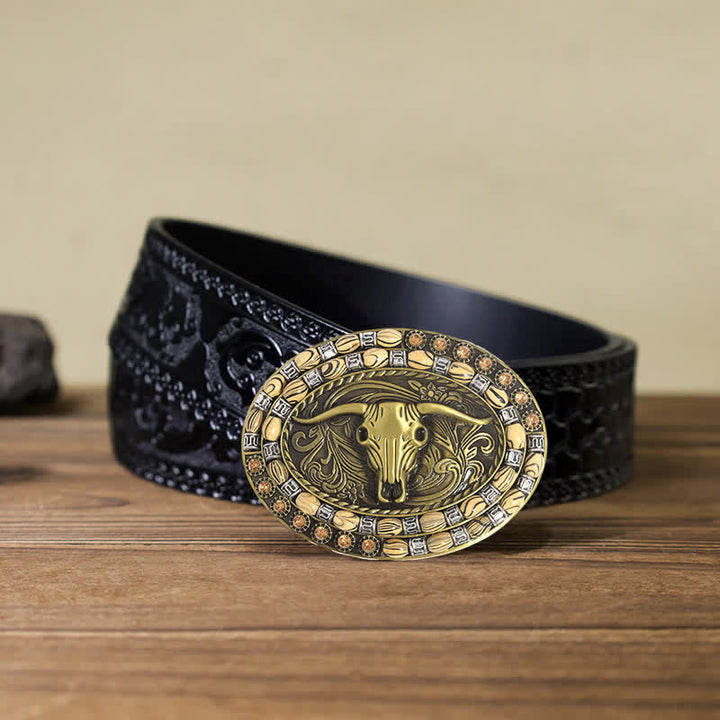 Cintura in pelle con fibbia decorativa con perline a testa di toro in oro fai da te da uomo - Toro dalle lunghe corna - Cintura nera intagliata (40) - image 6