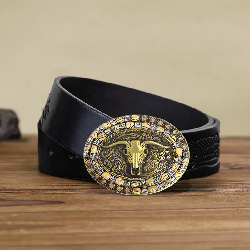 Cintura in pelle con fibbia decorativa con perline a testa di toro in oro fai da te da uomo - Toro dalle lunghe corna - Cintura aquila in rilievo nera (40) - image 4