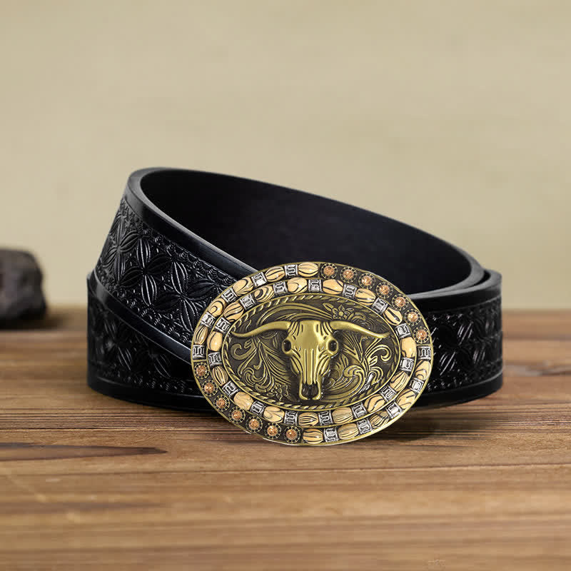 Cintura in pelle con fibbia decorativa con perline a testa di toro in oro fai da te da uomo - Toro dalle lunghe corna - Cintura in tessuto goffrato nero (40) - image 5