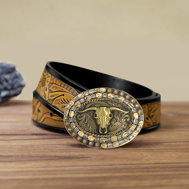 Cintura in pelle con fibbia decorativa con perline a testa di toro in oro fai da te da uomo - Toro dalle lunghe corna - Cintura marrone sabbia (40) - image 8