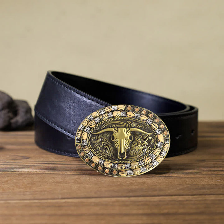 Cintura in pelle con fibbia decorativa con perline a testa di toro in oro fai da te da uomo - Toro dalle lunghe corna - Cintura PU nera (40) - image 3