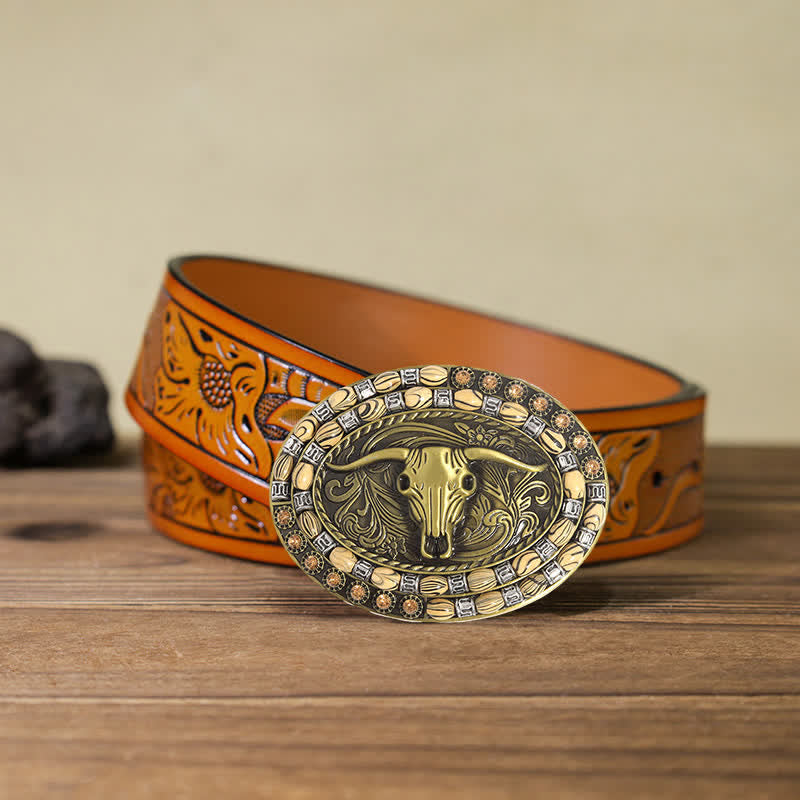 Cintura in pelle con fibbia decorativa con perline a testa di toro in oro fai da te da uomo - Toro dalle lunghe corna - Cintura intagliata arancione (40) - image 9