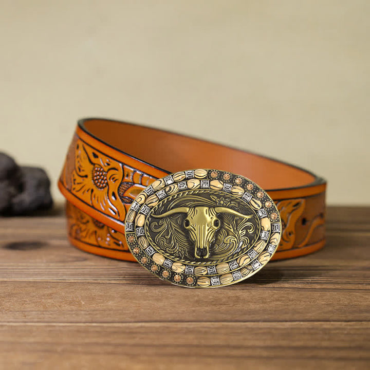 Cintura in pelle con fibbia decorativa con perline a testa di toro in oro fai da te da uomo - Toro dalle lunghe corna - Cintura intagliata arancione (40) - image 9