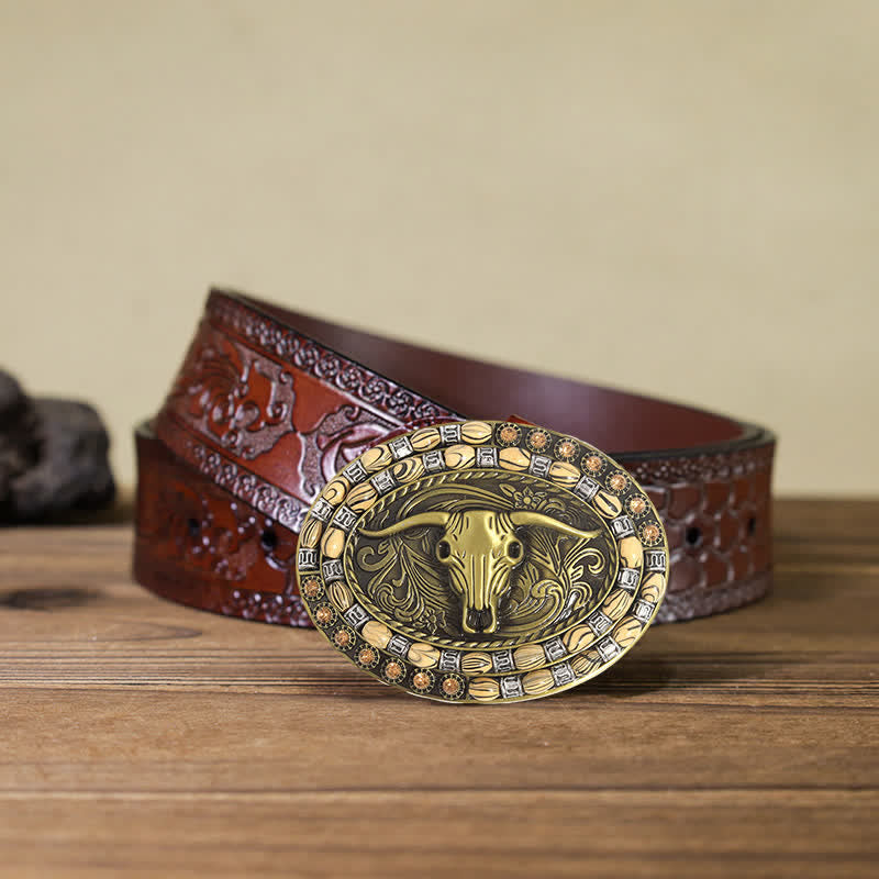 Cintura in pelle con fibbia decorativa con perline a testa di toro in oro fai da te da uomo - Toro dalle lunghe corna - Cintura marrone intagliata (40) - image 7