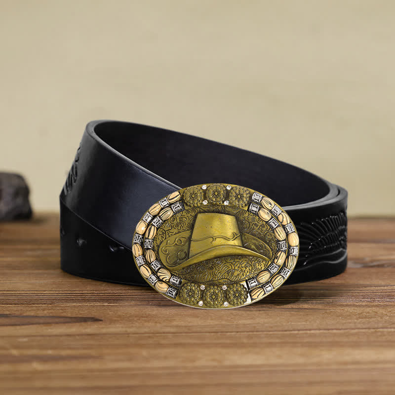 Cintura in pelle con fibbia decorativa per cappello da cowboy in oro fai da te da uomo - Cappello da cowboy - Cintura aquila in rilievo nera (40) - image 4