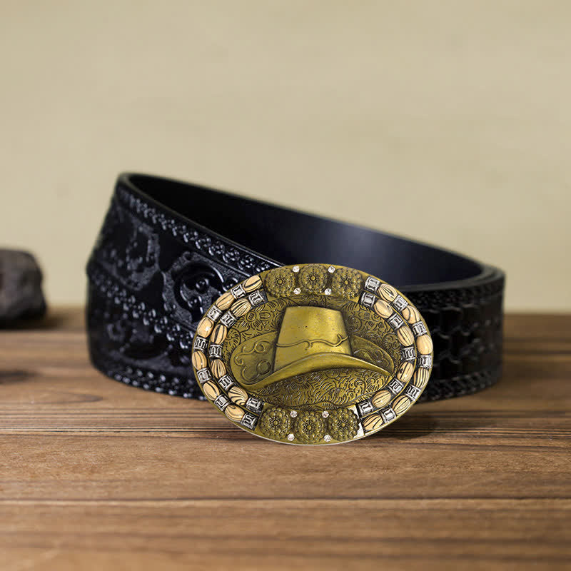 Cintura in pelle con fibbia decorativa per cappello da cowboy in oro fai da te da uomo - Cappello da cowboy - Cintura nera intagliata (40) - image 6