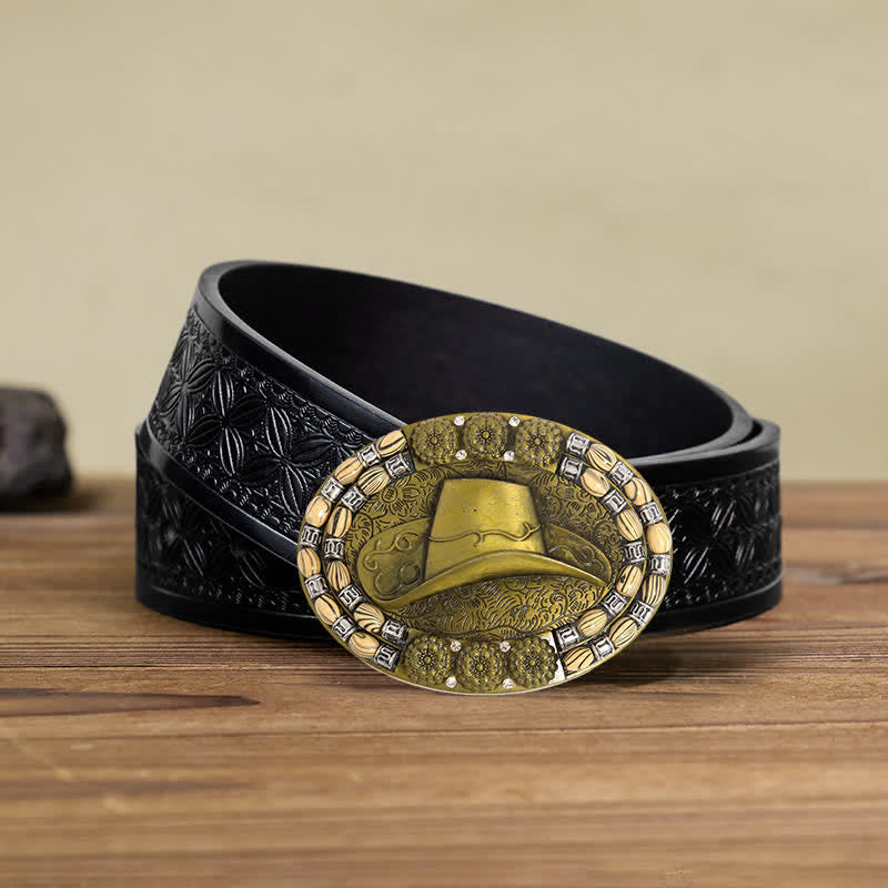 Cintura in pelle con fibbia decorativa per cappello da cowboy in oro fai da te da uomo - Cappello da cowboy - Cintura in tessuto goffrato nero (40) - image 5
