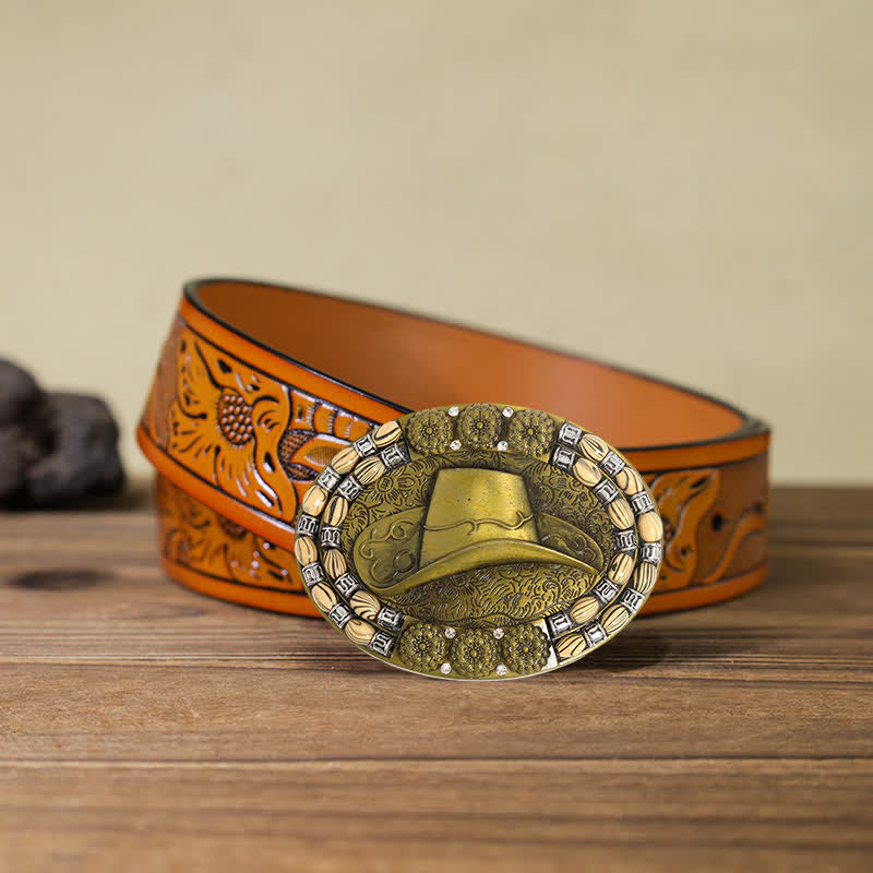 Cintura in pelle con fibbia decorativa per cappello da cowboy in oro fai da te da uomo - Cappello da cowboy - Cintura intagliata arancione (40) - image 9