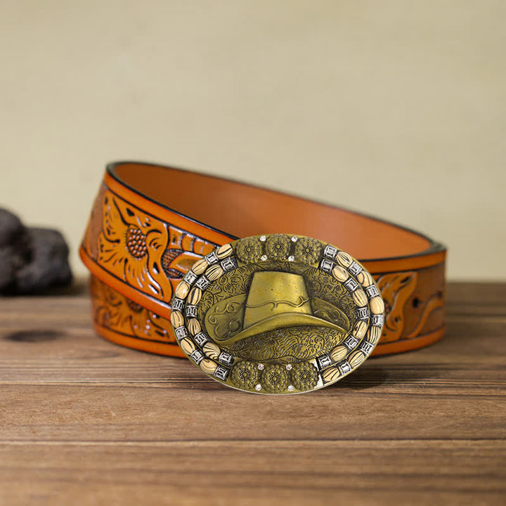 Cintura in pelle con fibbia decorativa per cappello da cowboy in oro fai da te da uomo - Cappello da cowboy - Cintura intagliata arancione (40) - image 9