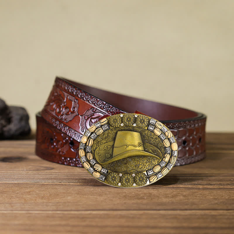 Cintura in pelle con fibbia decorativa per cappello da cowboy in oro fai da te da uomo - Cappello da cowboy - Cintura marrone intagliata (40) - image 7