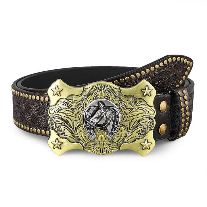 Cintura da uomo in pelle con borchie e borchie in rilievo a forma di cavallo western - Testa di cavallo - 42 - image 0