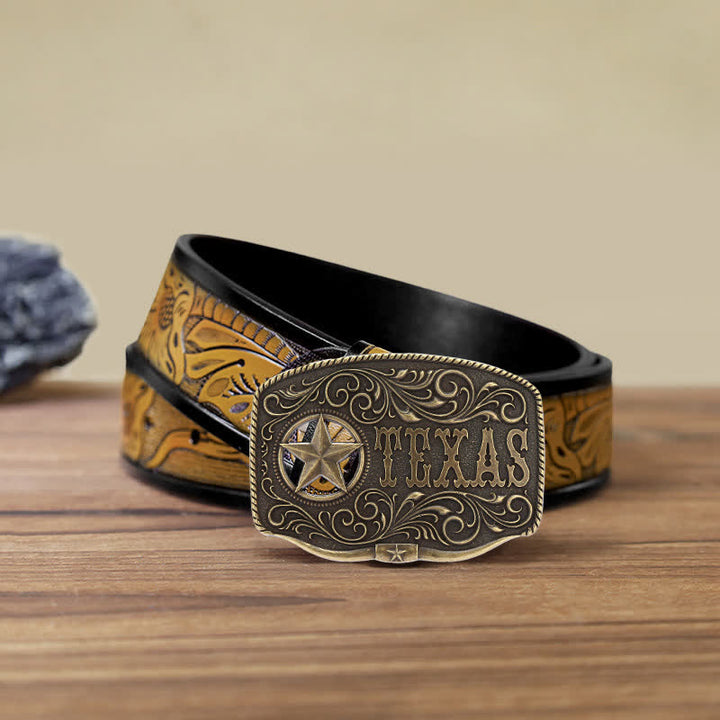 Cintura in pelle fai da te con fibbia a pentagramma Texas Hollow da uomo - Bronzo antico - Cintura marrone sabbia (40) - image 9