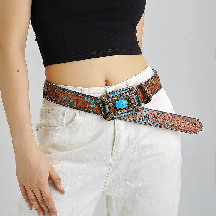 Cintura da donna in pelle incisa con fibbia in perline di legno turchese - image 1