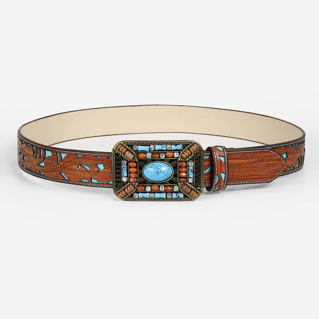 Cintura da donna in pelle incisa con fibbia in perline di legno turchese - image 2