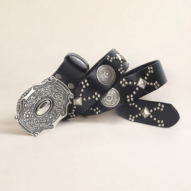 Cintura da uomo in pelle con fibbia floreale punk e borchie a rivetto - Nero - 44 - image 0