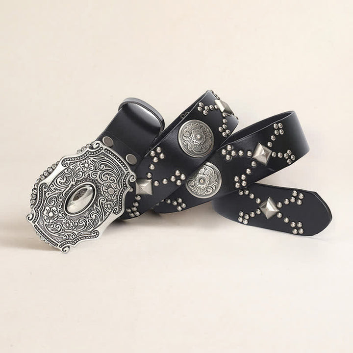 Cintura da uomo in pelle con fibbia floreale punk e borchie a rivetto - Nero - 44 - image 0