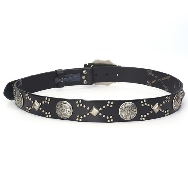 Cintura da uomo in pelle con fibbia floreale punk e borchie a rivetto - image 2