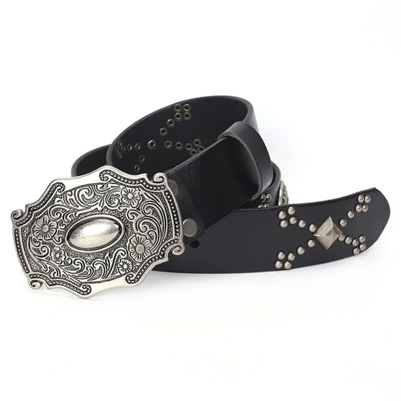 Cintura da uomo in pelle con fibbia floreale punk e borchie a rivetto - image 4