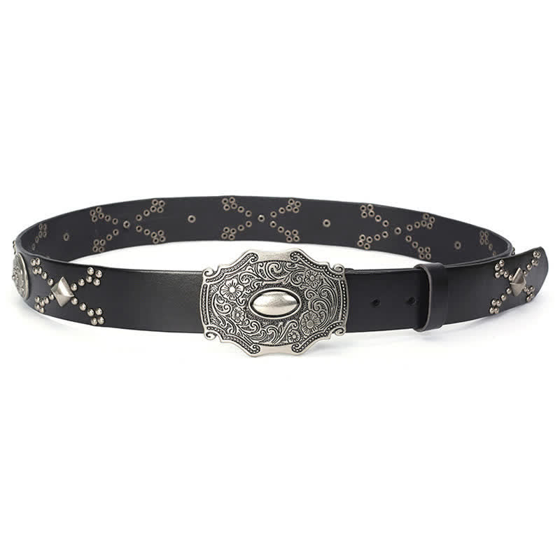 Cintura da uomo in pelle con fibbia floreale punk e borchie a rivetto - image 1