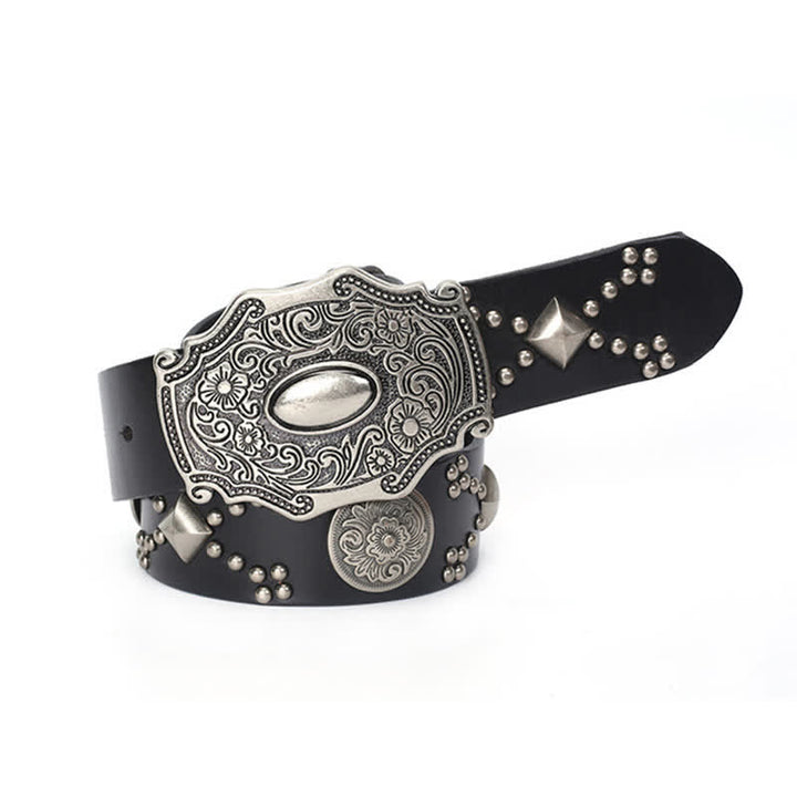 Cintura da uomo in pelle con fibbia floreale punk e borchie a rivetto - image 3