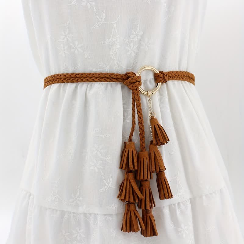 Cintura intrecciata con nappe bohémien da donna - Marrone - 48" - image 0