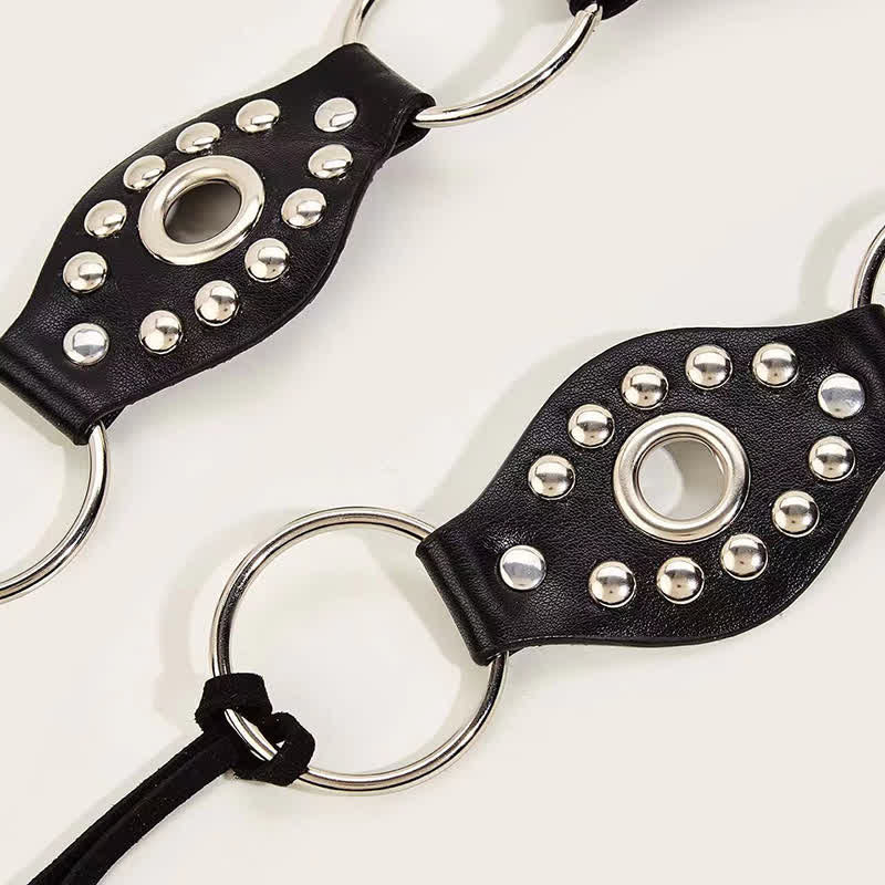 Cintura da donna in pelle con rivetti circolari e anello in vita con corda - image 3