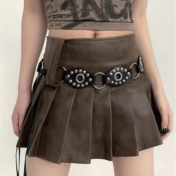 Cintura da donna in pelle con rivetti circolari e anello in vita con corda - Nero - 75" - image 0