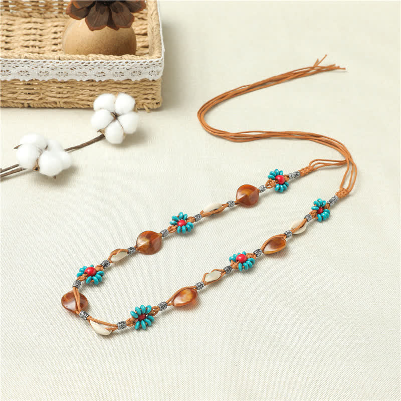Cintura da donna con perline e fiori intrecciati in stile Boho - Marrone - 67" - image 1