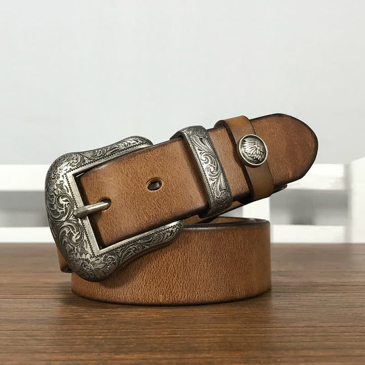 Cintura in pelle con elemento floreale indiano inciso - Marrone-giallastro - 44 - image 0