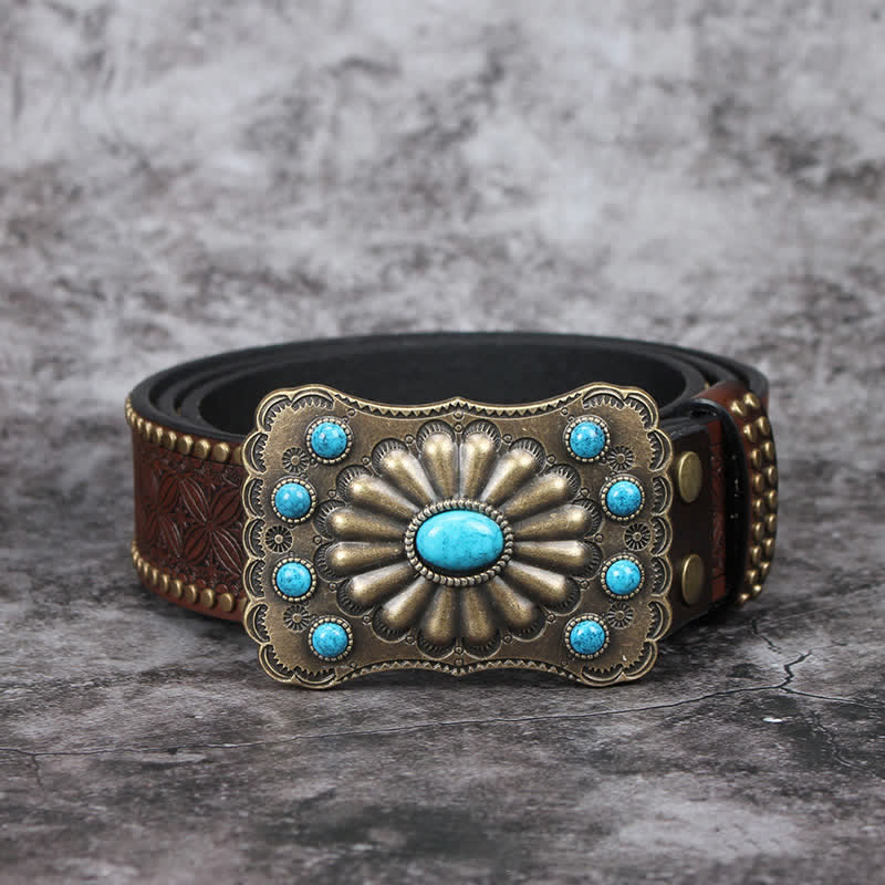Cintura in pelle con decorazioni in pietra turchese western da uomo - image 2