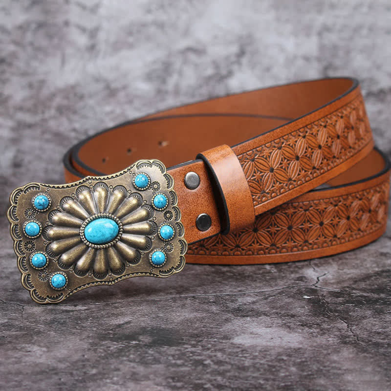 Cintura in pelle con decorazioni in pietra turchese western da uomo - Marrone #2 - 42 - image 12